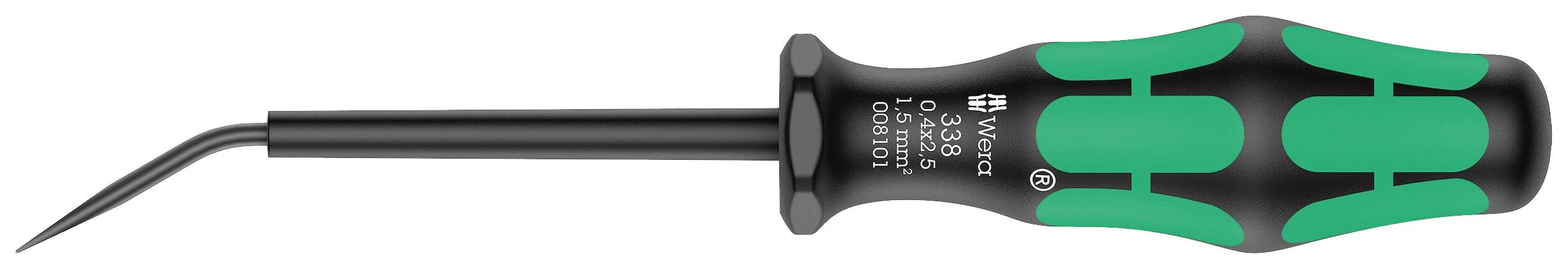 Zelený a čierny krížový skrutkovač s ergonomickou rukoväťou a zahnutým hrotom, vhodný pre presné práce.