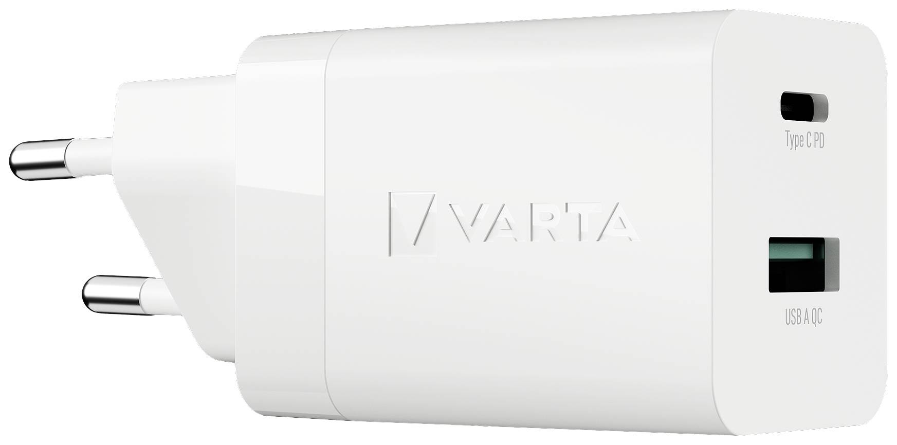 Biely USB napájací adaptér s dvoma konektormi: USB-C a USB-A. Vhodný na nabíjanie elektronických zariadení.