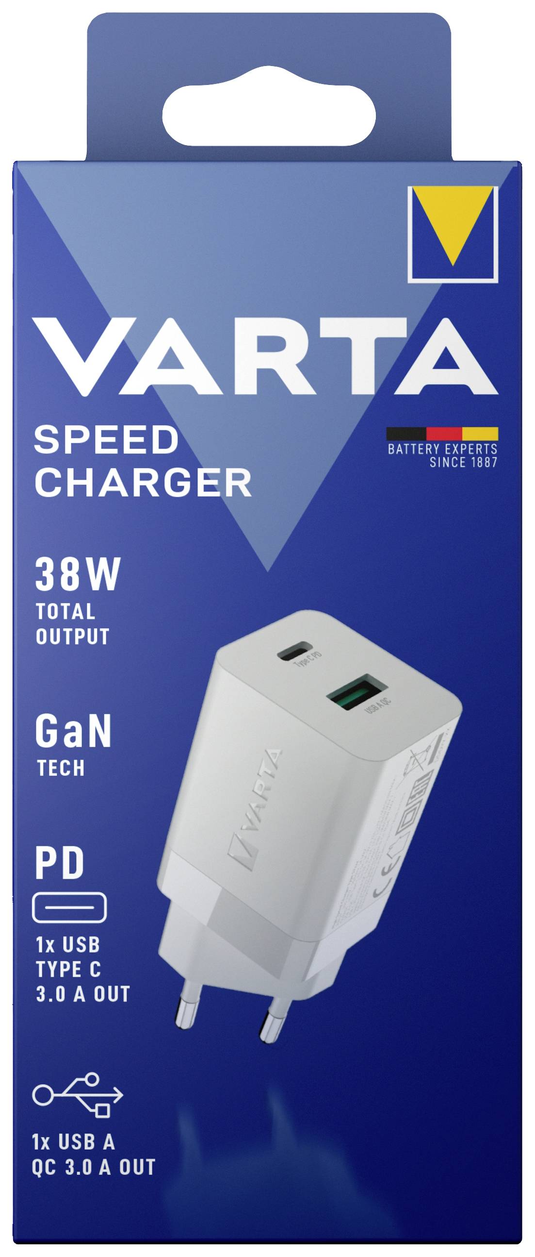 'Nabíjačka s celkovým výkonom 38 W, technológiou GaN, 1x USB Typ C, 1x USB A. Balenie Varta Speed Charger v modrej farbe.'