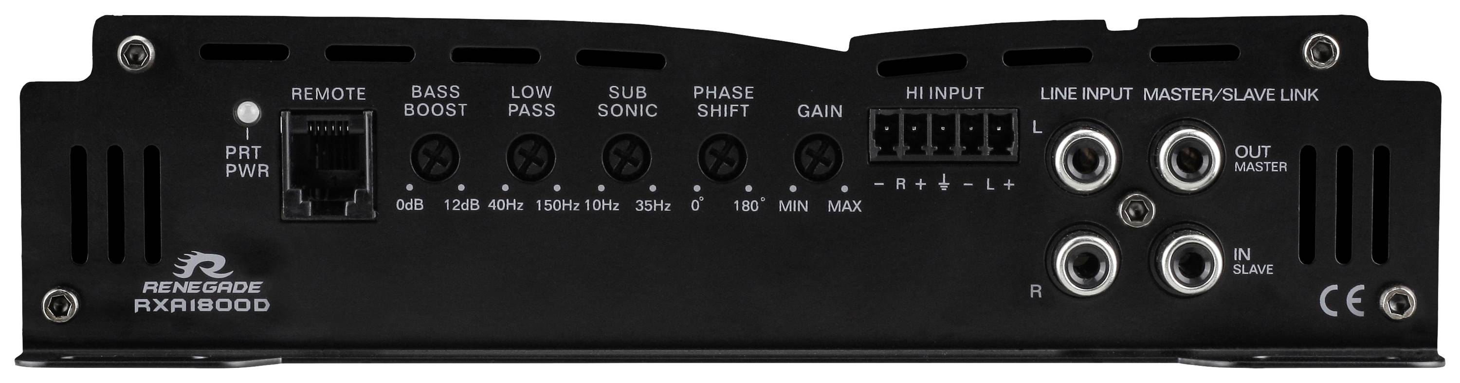 Zadná strana zosilňovača s konektormi a ovládačmi pre bass boost, dolnopriepustný filter, subsonický filter, fázový posun a hlasitosť.