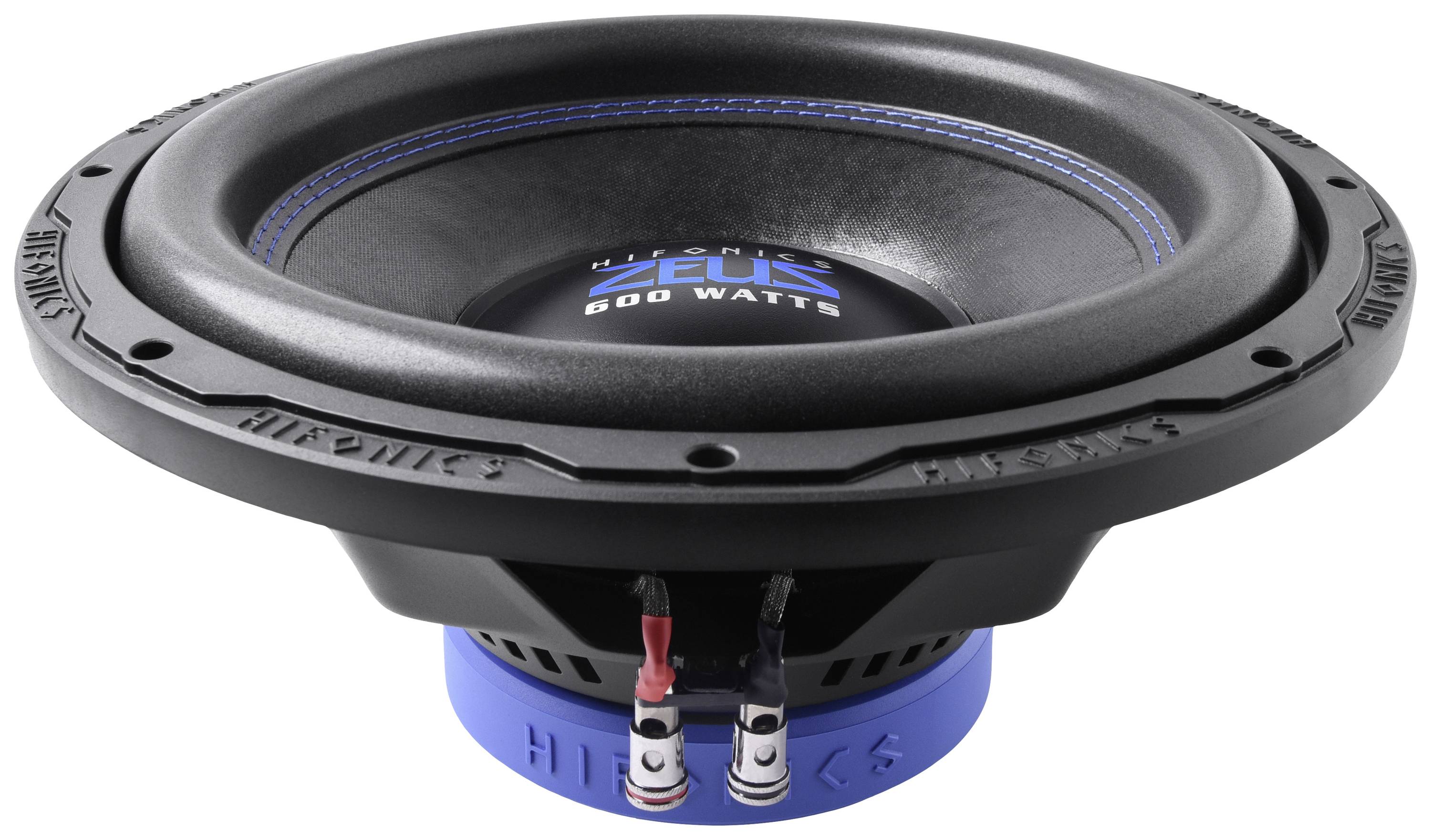Reproduktor subwoofer, čierny, s nápisom 'ZEUS 600 Watts'. Značka na okraji. Duálne výstupné konektory dole.