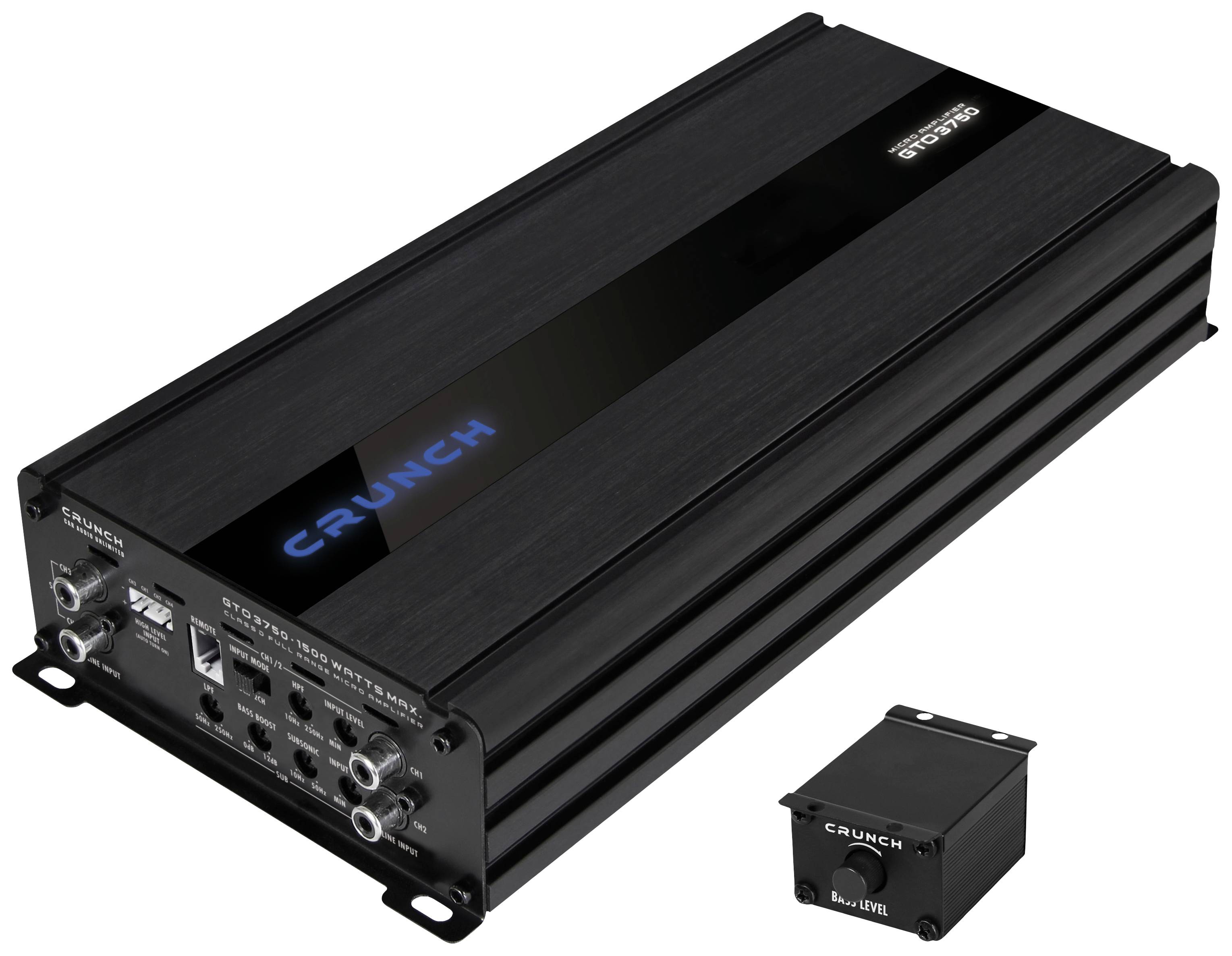 Čierny zosilňovač so striebornými prípojkami, s modrým nápisom 'CRUNCH', sprevádzaný malou samostatnou ovládacou jednotkou.