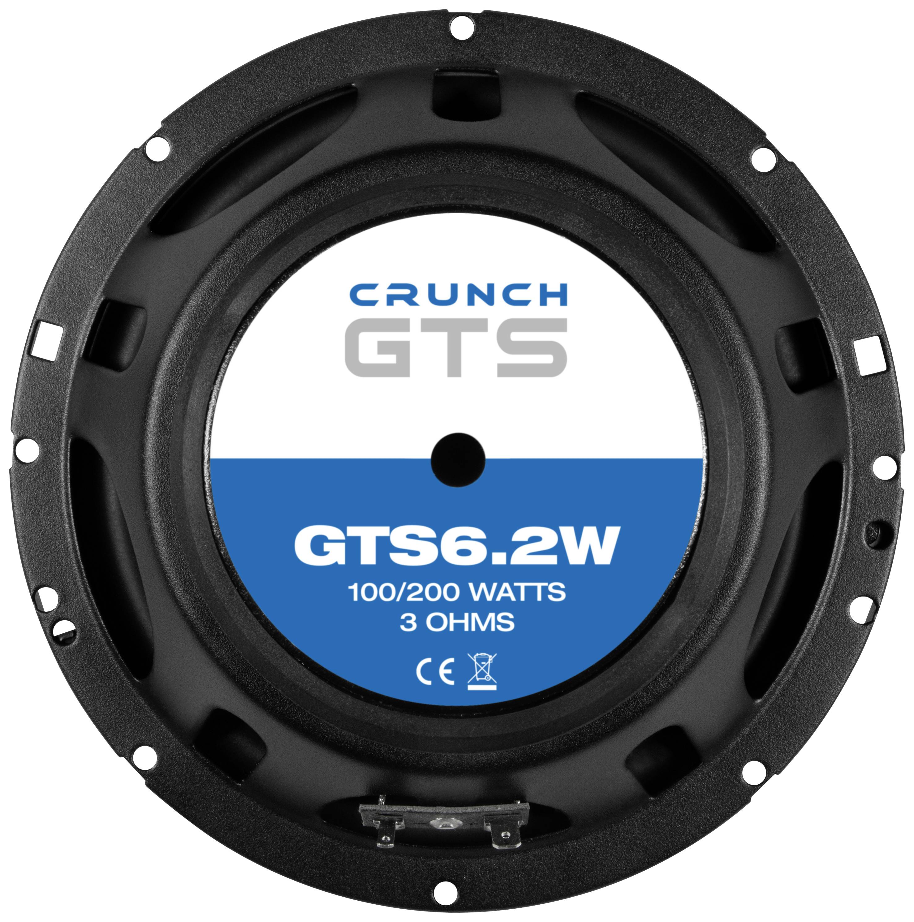 Reproduktor s nápisom 'CRUNCH GTS6.2W, 100/200 WATTOV, 3 OHMY'.