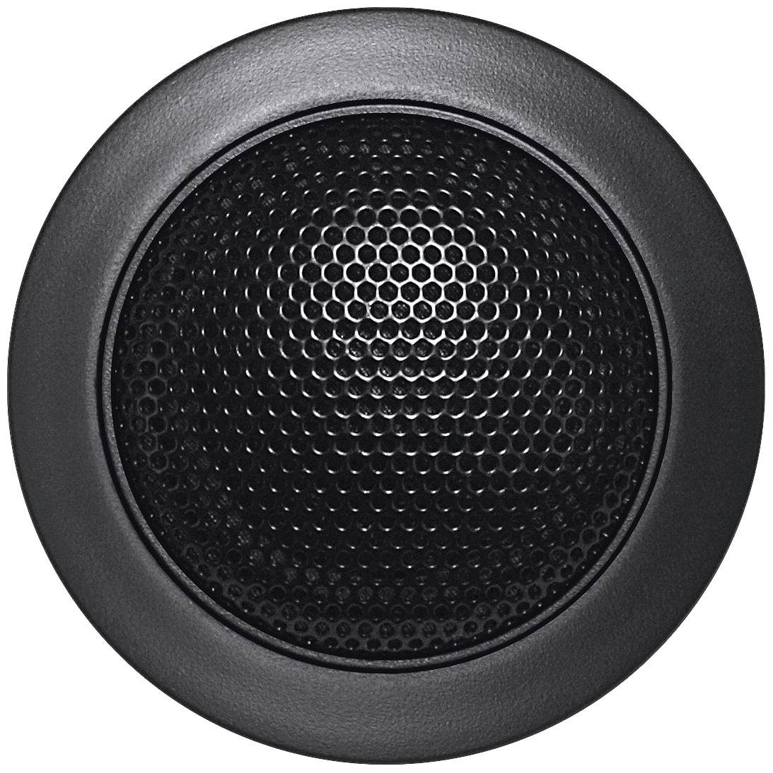 Guľaté, čierne reproduktorové mriežky s povrchovým vzorom pripomínajúcim včelí plást, často používané v audio zariadeniach na prenos zvuku.