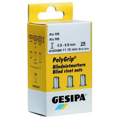 Slepé nitové matice Gesipa PolyGrip Alu M8 v žltom a bielom obale, zobrazujúce veľkosť 0,5-6,5 mm, balenie obsahuje 25 kusov, s grafickým znázornením nitov.