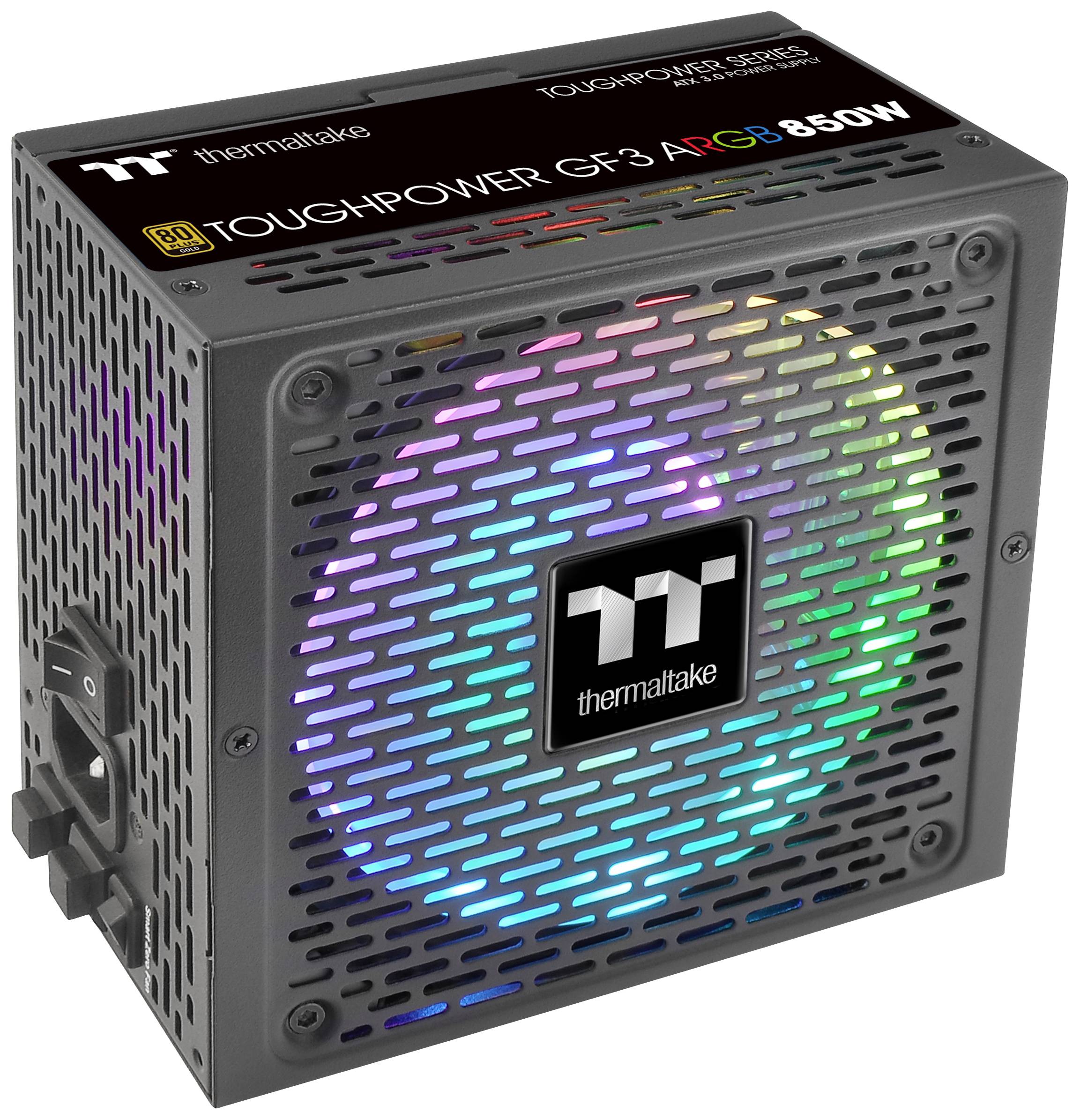 PC napájací zdroj 'Thermaltake Toughpower GF3 ARGB 850W' s pestrofarebným RGB osvetlením, vhodný pre herné a vysoko výkonné počítače.