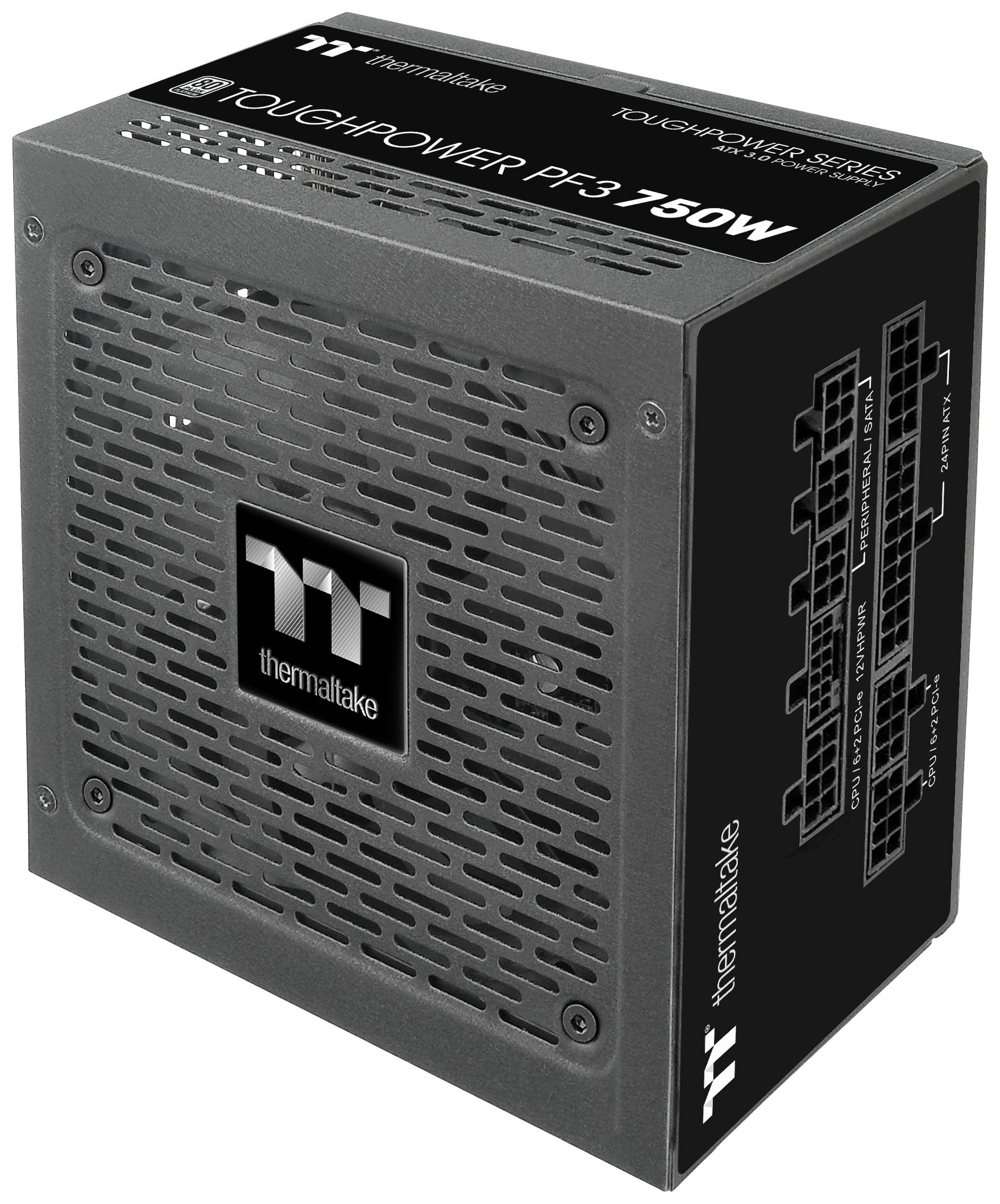 Čierna napájacia jednotka s logom Thermaltake, model 'Toughpower PF3 750W'. Vetracie mriežky a schéma pripojenia viditeľné na boku.