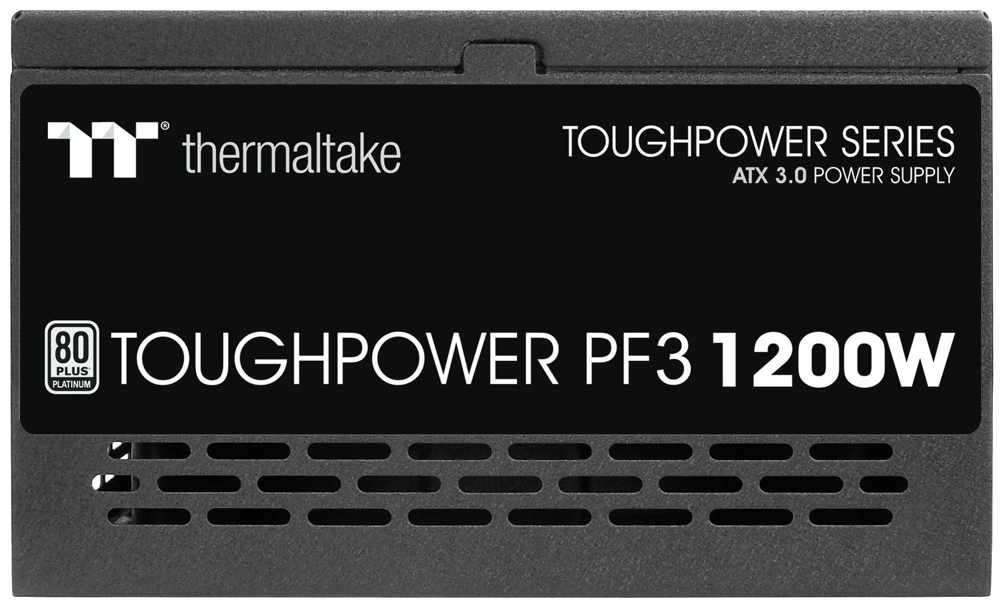 Čierna napájacia jednotka Thermaltake z série Toughpower, model PF3 s výkonom 1200W a eficienciou 80 Plus Platinum.