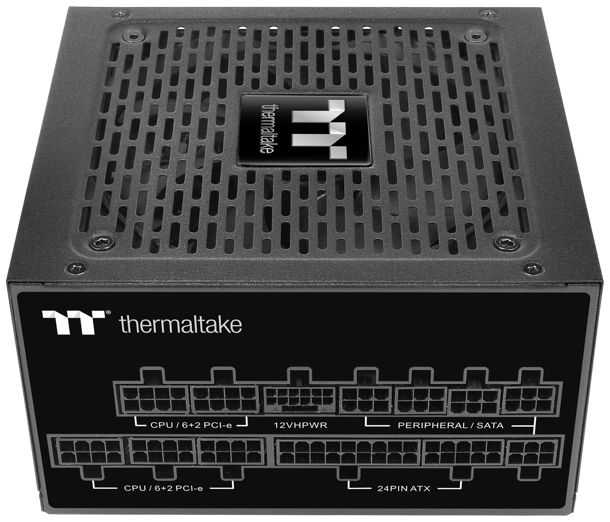 Počítačový napájací zdroj od Thermaltake s viacerými portmi: 'CPU/ 6+2 PCI-e', '12VHPWR', 'Peripheral/SATA', '24PIN ATX'.