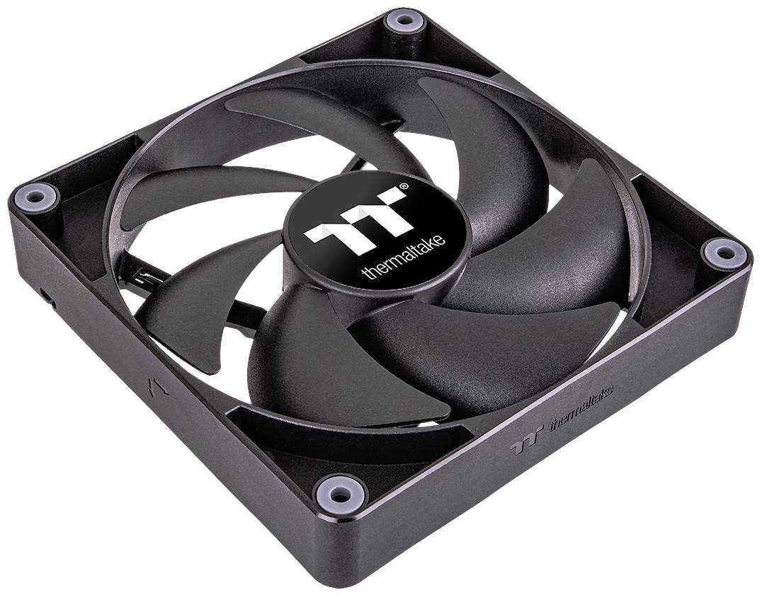 Štvorcový ventilátor v čiernej farbe s logom značky uprostred, obklopený štyrmi montážnymi otvormi v každom rohu.