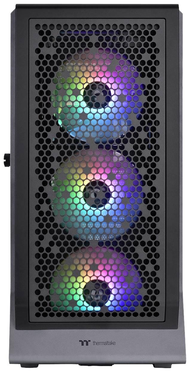 Kryt počítača s troma veľkými farebnými LED ventilátormi na prednej strane, ktoré sú viditeľné cez čiernu mriežku v tvare včelieho plástu.