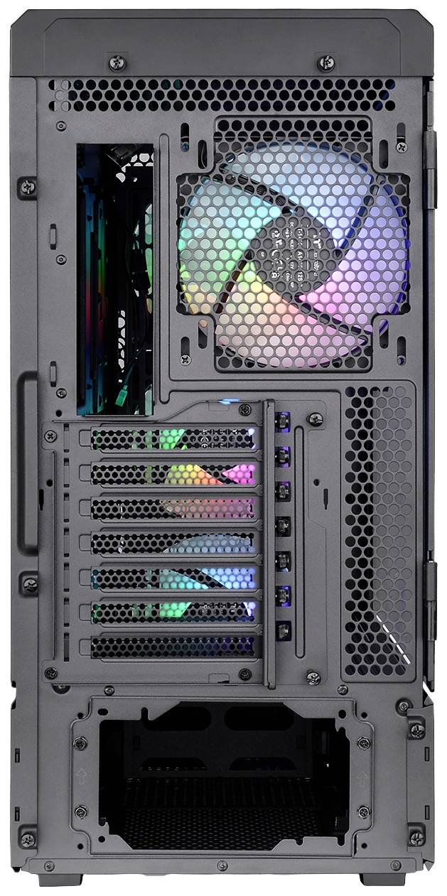 Zadná strana počítačovej skrine s viditelnými ventilátormi, ktoré zobrazujú LED svetlá v rôznych farbách, a niekoľkými konektorovými slotmi.