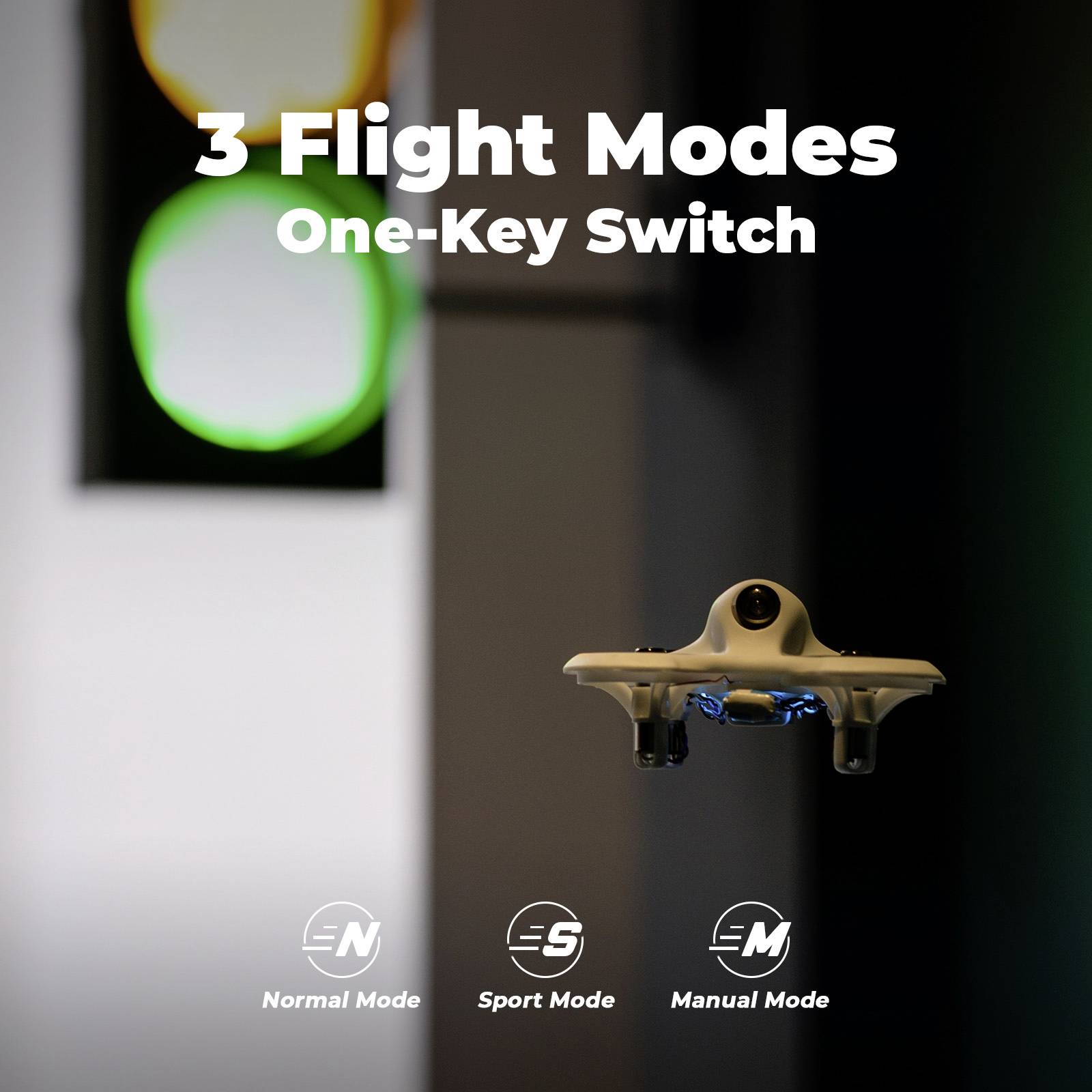 Obrázok reklamného plagátu mini-dronu s textom: 3 letové módy, prepínanie jedným tlačidlom; Módy: Normálny, Šport, Manuálny.