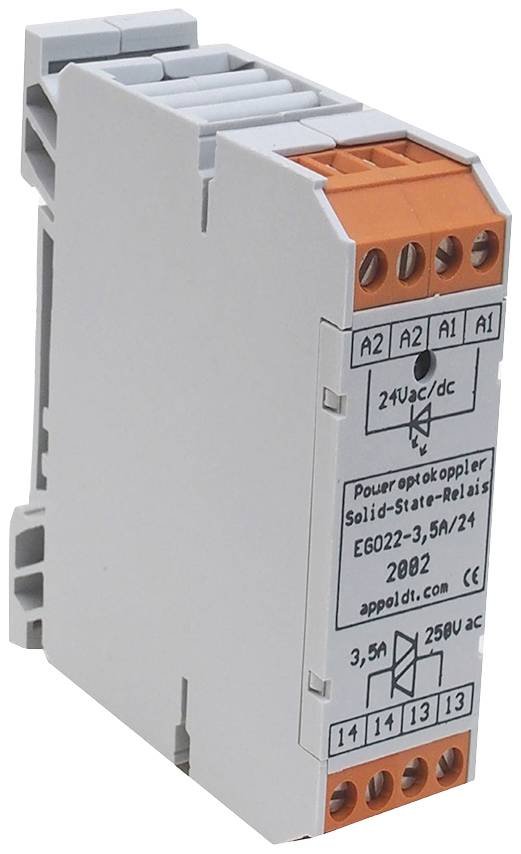 Silnoprúdový optočlen polovodičové relé. Šedá skrinka s oranžovými konektormi. Označenie: 24V AC/DC, 3,5A/24, 250V AC.