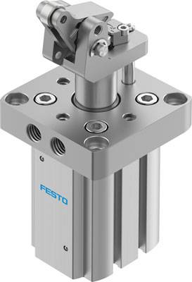 Hydraulický valec s namontovanými prípojkami a pákovým mechanizmom, na boku viditeľný firemný názov 'Festo'.