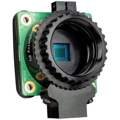 Modul kamery Raspberry Pi s viditeľným senzorom a pripevneným objektívovým krúžkom, umiestnené na zelenej doske plošných spojov.