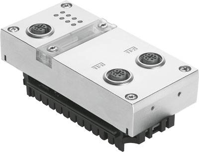 Kovový priemyselný komponent s viacerými prípojkami a čiernou základňou, pravdepodobne elektronický modul.