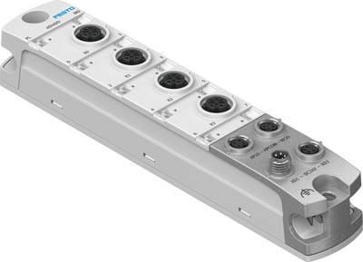 Obdĺžnikový elektronický modul s niekoľkými kruhovými konektormi na hornej strane.
