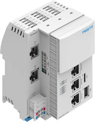Biela priemyselná riadiaca jednotka s ethernetovými portmi a viacerými rozhraniami, označená logom spoločnosti 'Festo'.