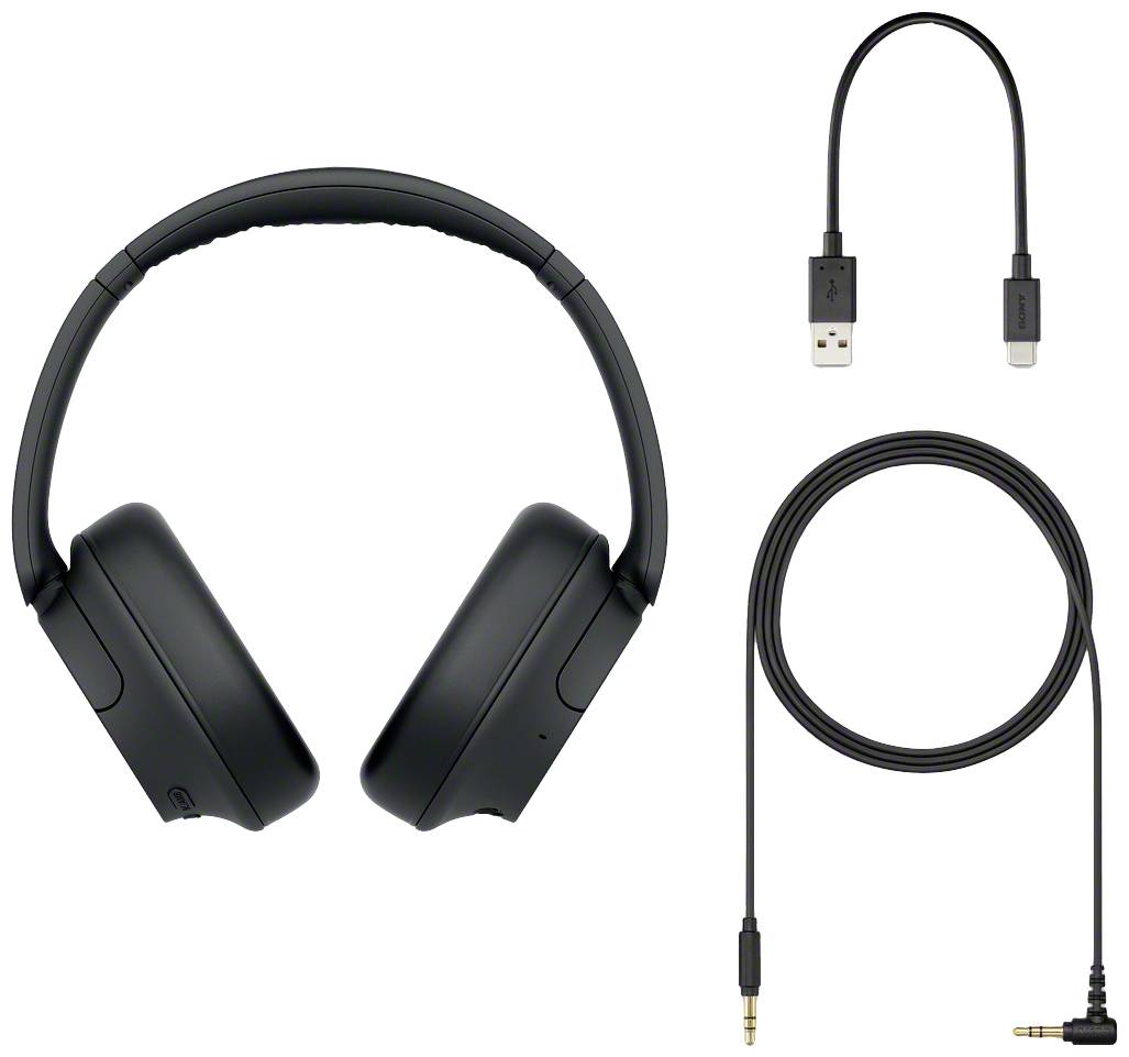 Čierne bezdrôtové slúchadlá s odnímateľným audiokáblom a USB nabíjacím káblom.