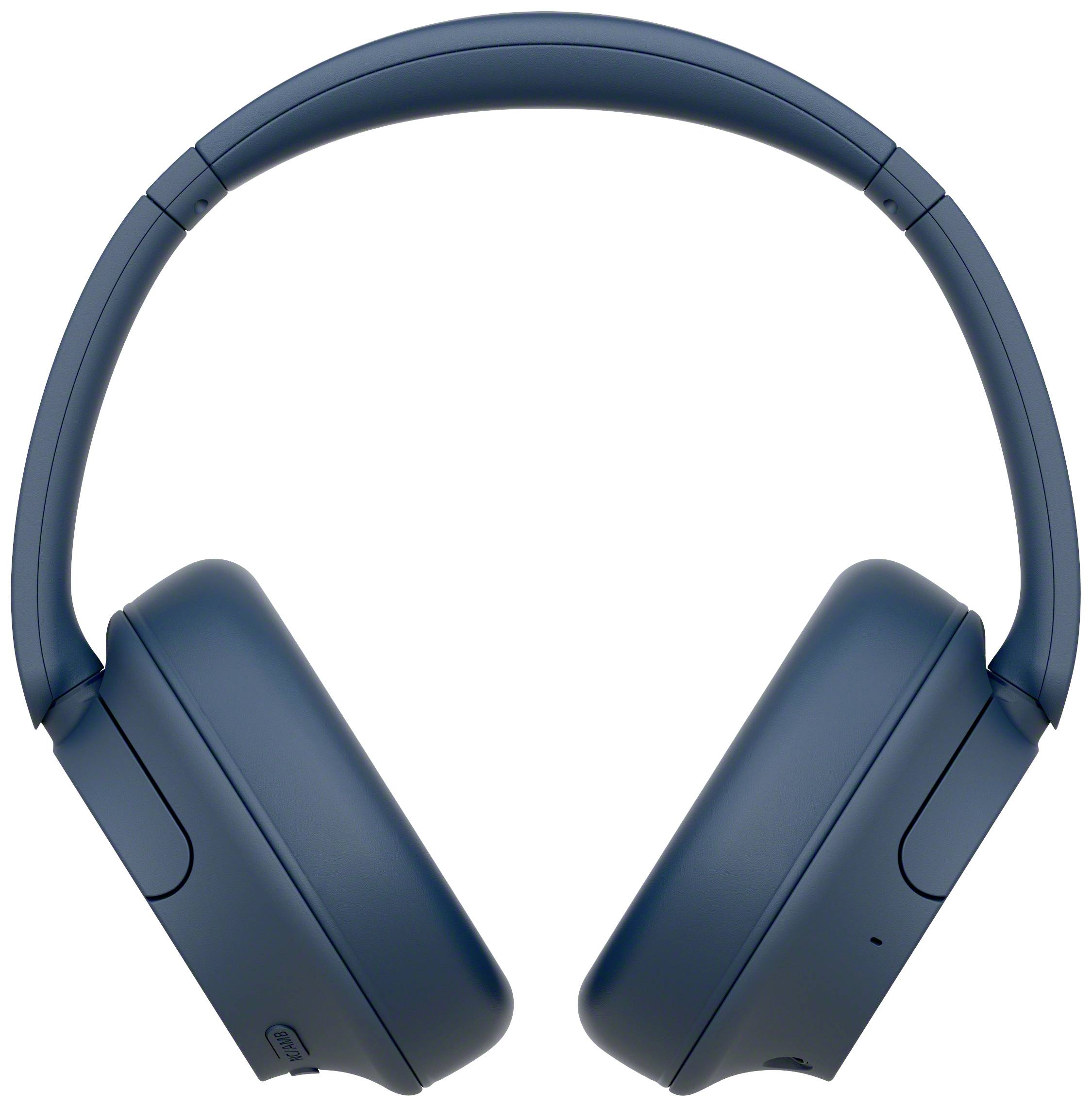 Modré over-ear slúchadlá, sklápateľné, bezdrôtový model, na bielom pozadí.