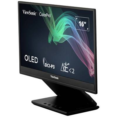 ViewSonic ColorPro 16-palcový OLED monitor, zobrazujúci pestré vírivé grafiky. Podporuje farebnú škálu DCI-P3 a disponuje úsporným dizajnom.