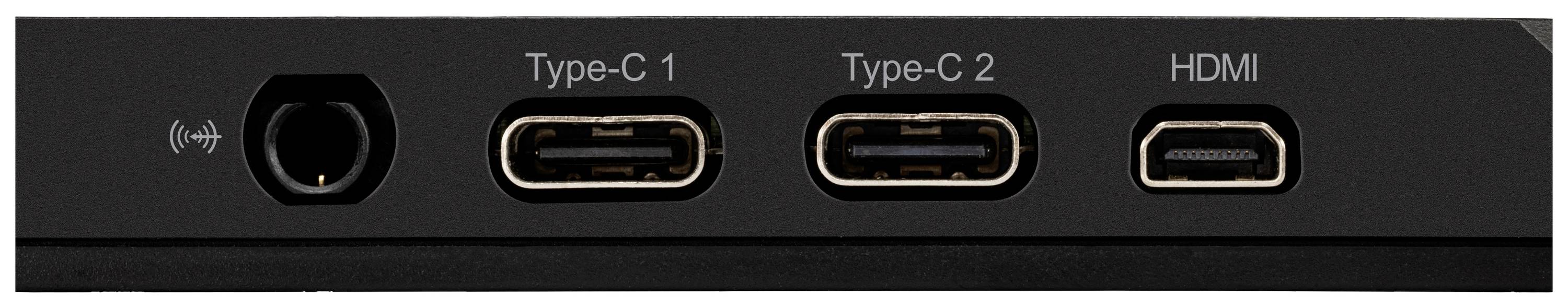 Čierna prípojná lišta so štyrmi prípojkami: napájanie, dva USB Type-C (označené ako 'Type-C 1' a 'Type-C 2') a jeden HDMI port.