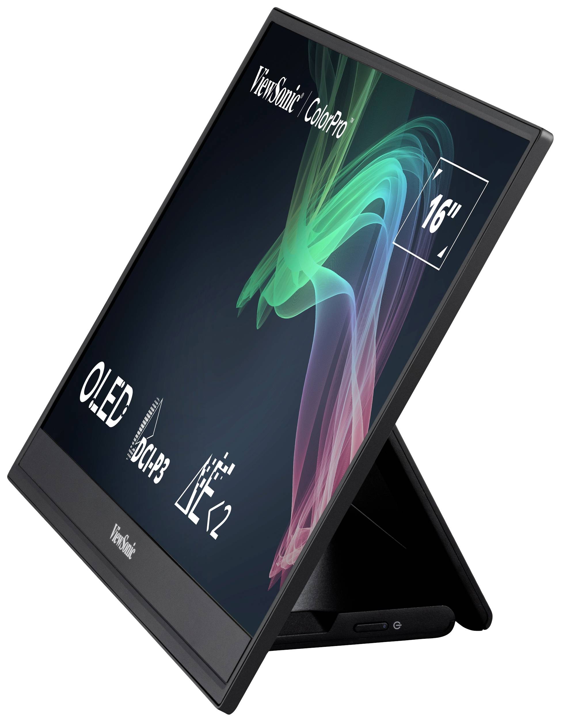 Prenosný monitor z bočného pohľadu, značky ViewSonic, s OLED displejom, veľkosti 16 palcov. Digitálne farebné grafiky na obrazovke.