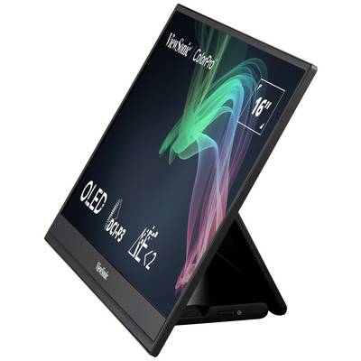 Prenosný monitor z bočného pohľadu, značky ViewSonic, s OLED displejom, veľkosti 16 palcov. Digitálne farebné grafiky na obrazovke.