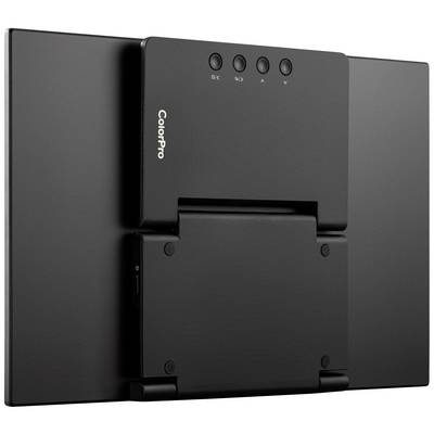 Pohľad zozadu na čierny monitor s nápisom 'ColorPro' a niekoľkými tlačidlami v hornej časti.