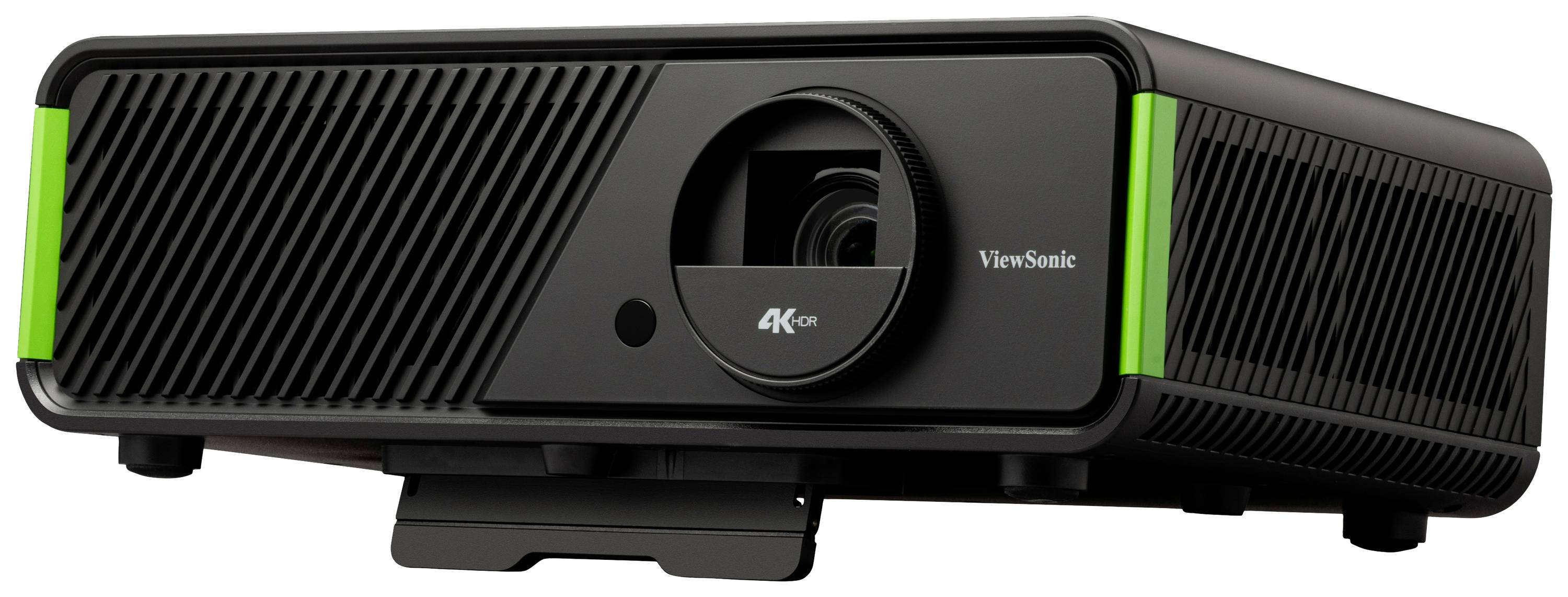 Čierny 4K projektor so zeleným akcentom od značky ViewSonic, s predným dizajnom objektívu a vetracími otvormi na boku.