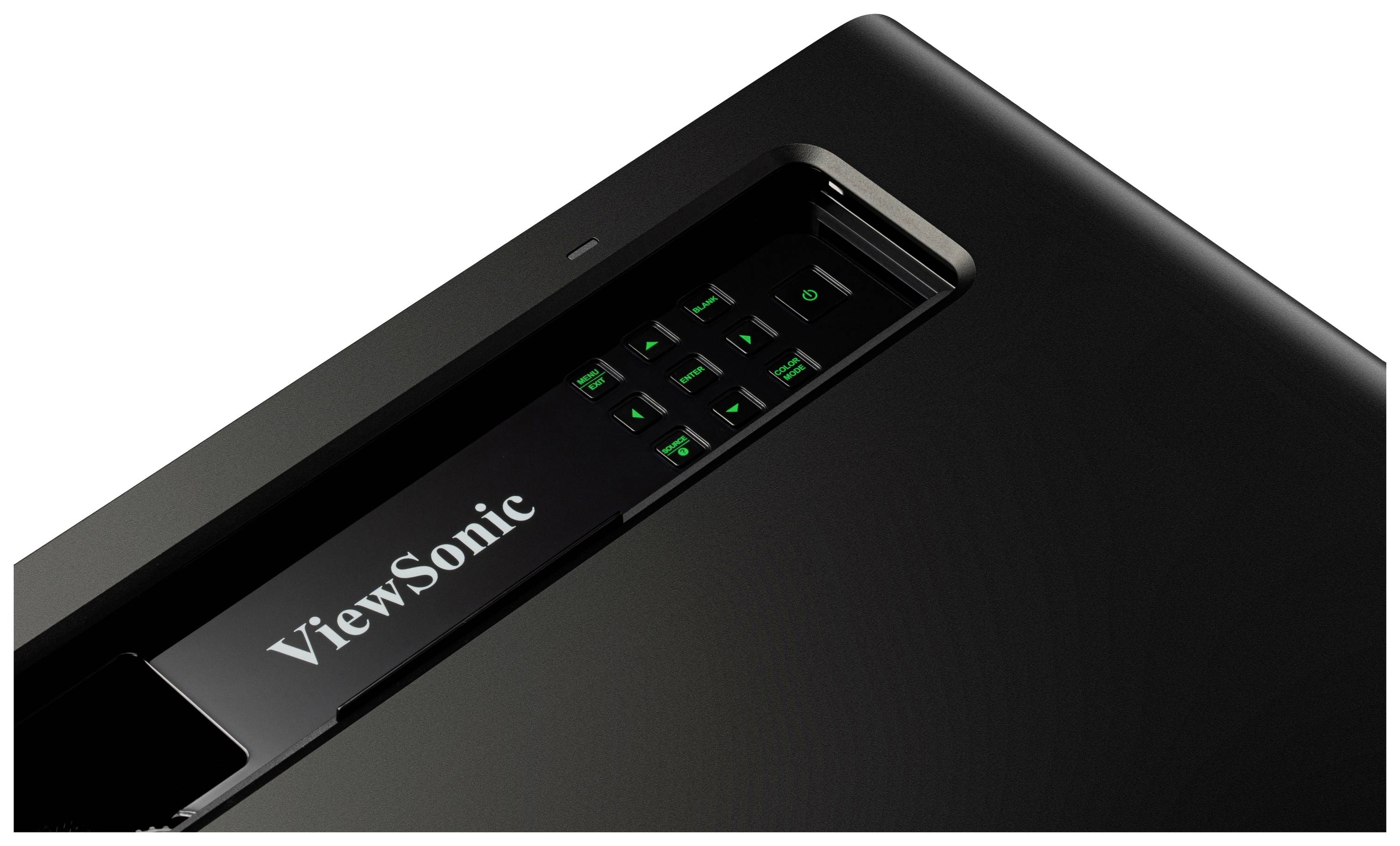 Čierny projektor od ViewSonic so zelenými podsvietenými tlačidlami a logom značky. Pohľad zhora spredu.