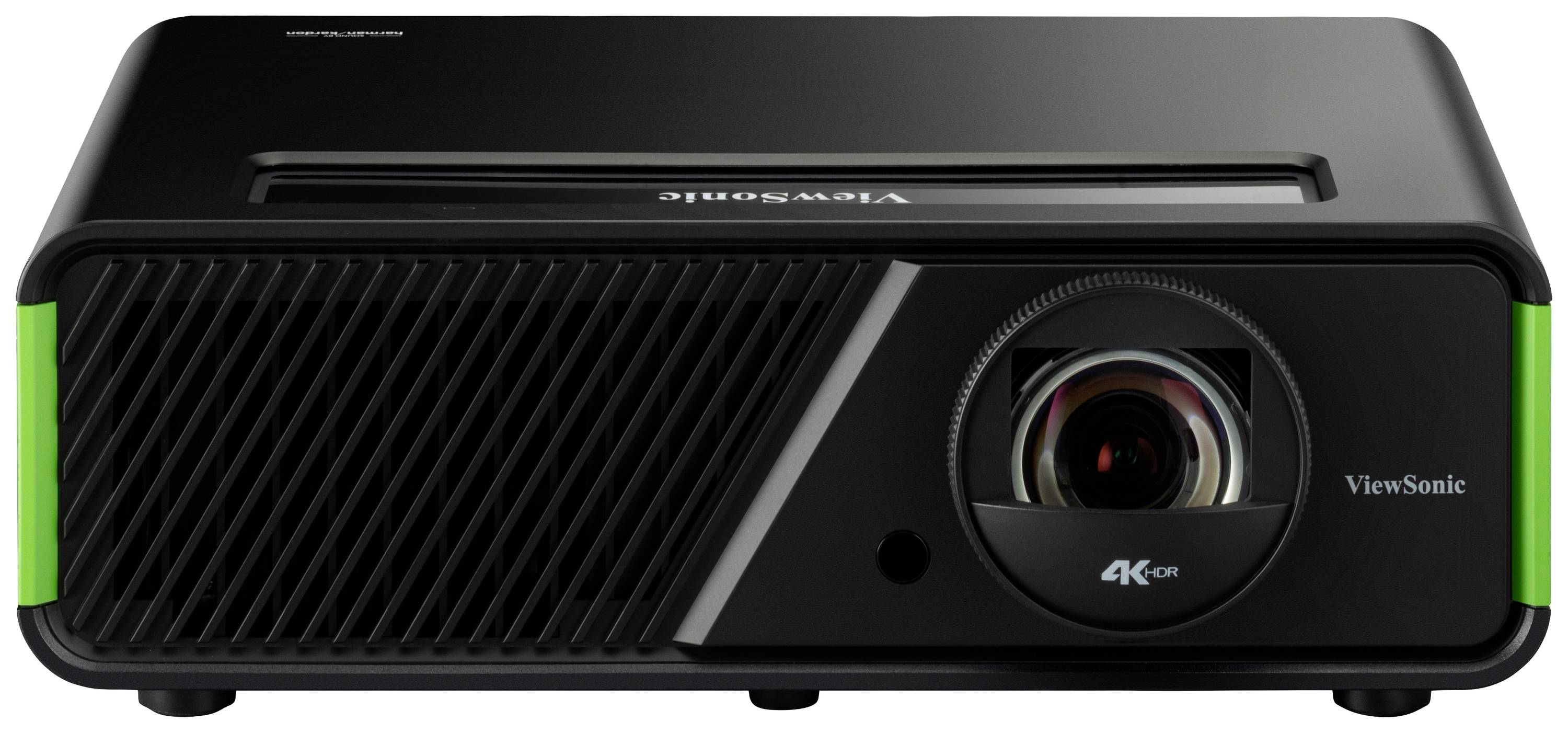 Čierny projektor ViewSonic s rozlíšením 4K UHD, vetracie otvory vľavo a veľkou šošovkou vpravo na prednej strane.