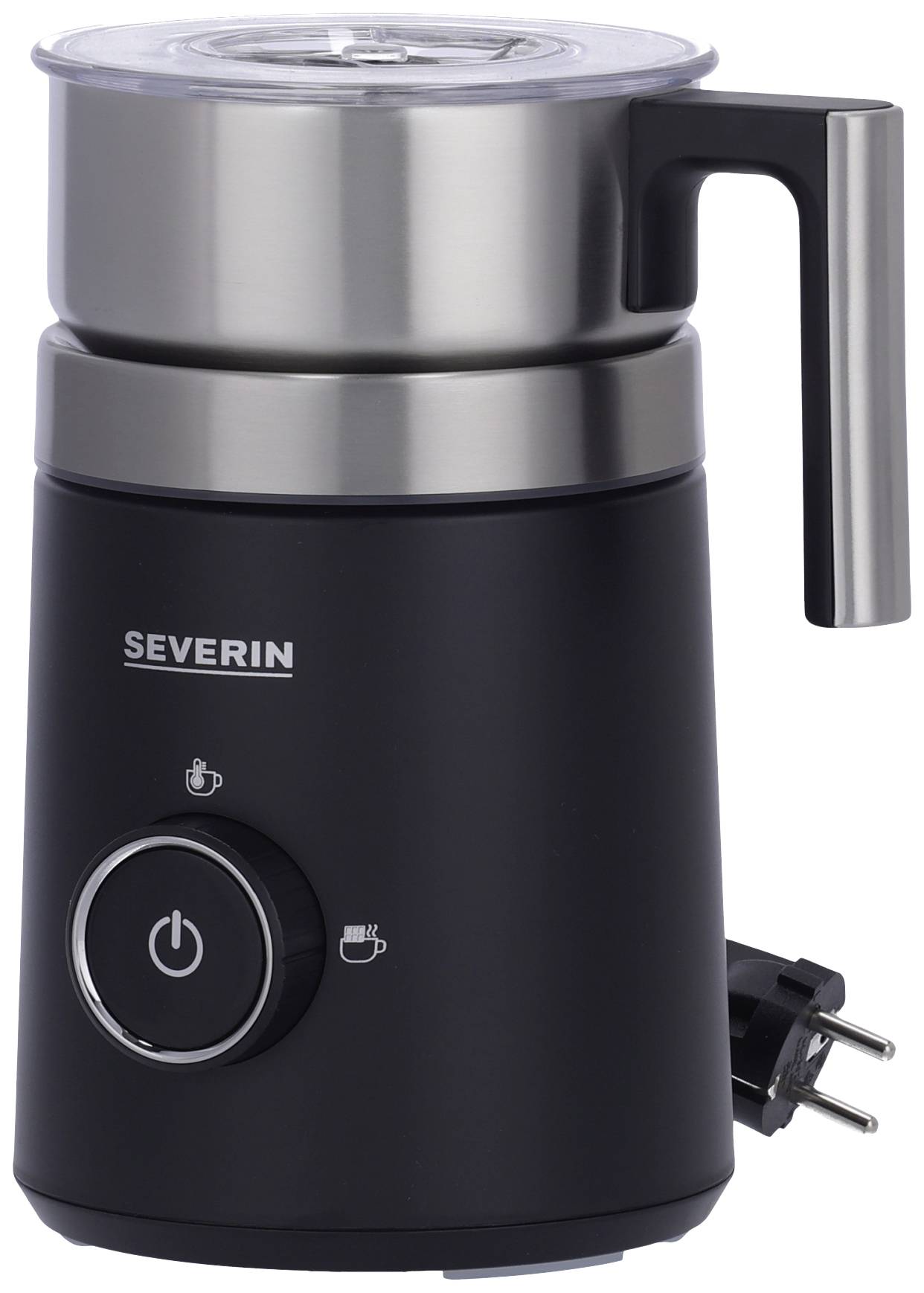 Elektrický napěňovač mlieka v čiernej farbe s nerezovým krytom, rukoväťou a elektrickým káblom. Je vybavený viacerými ovládacími tlačidlami.