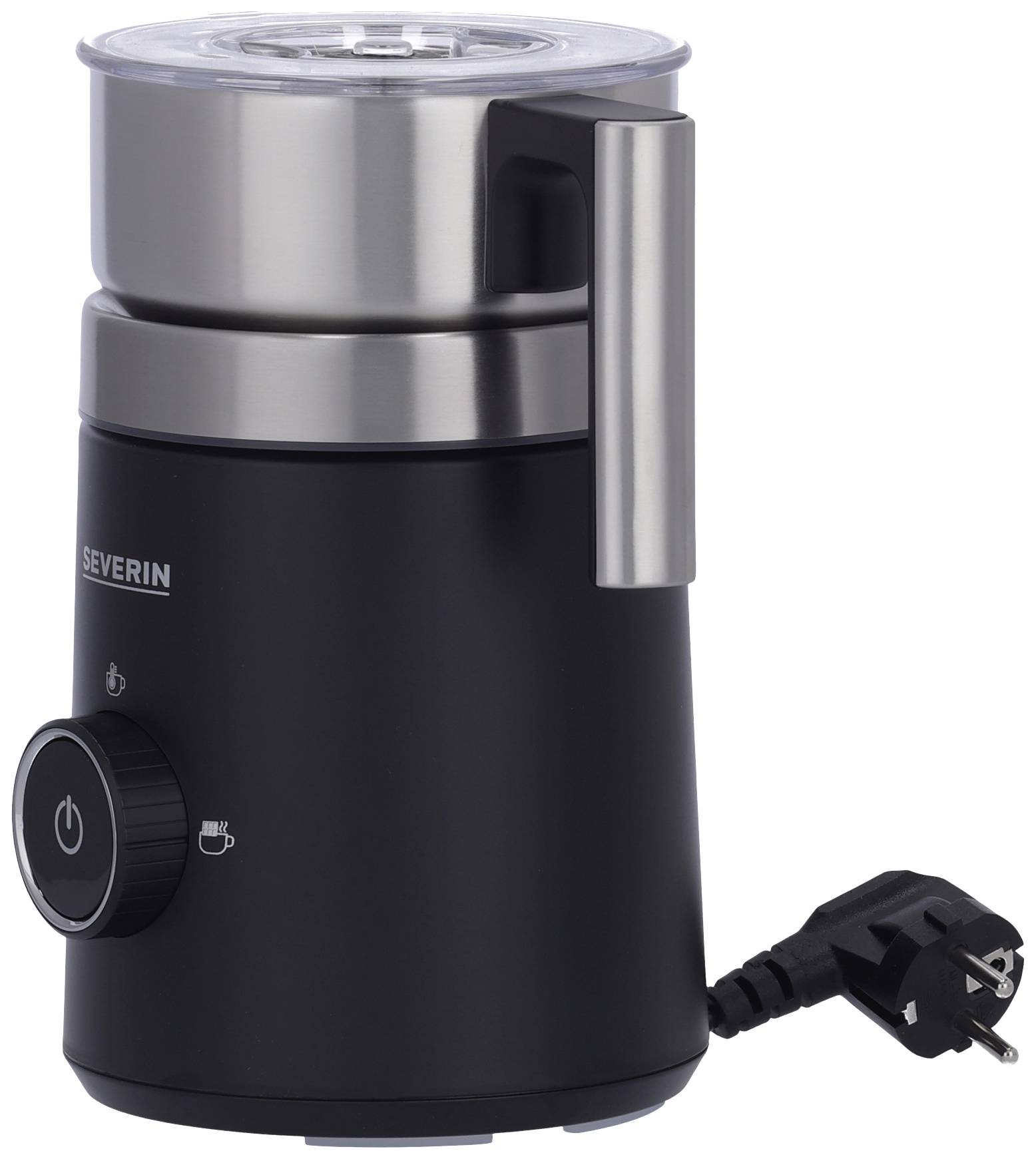 Čierny elektrický napěňovač mlieka s rukoväťou z nehrdzavejúcej ocele a zástrčkou, pozostávajúci z nádoby s vekom a ovládacími prvkami vpredu.