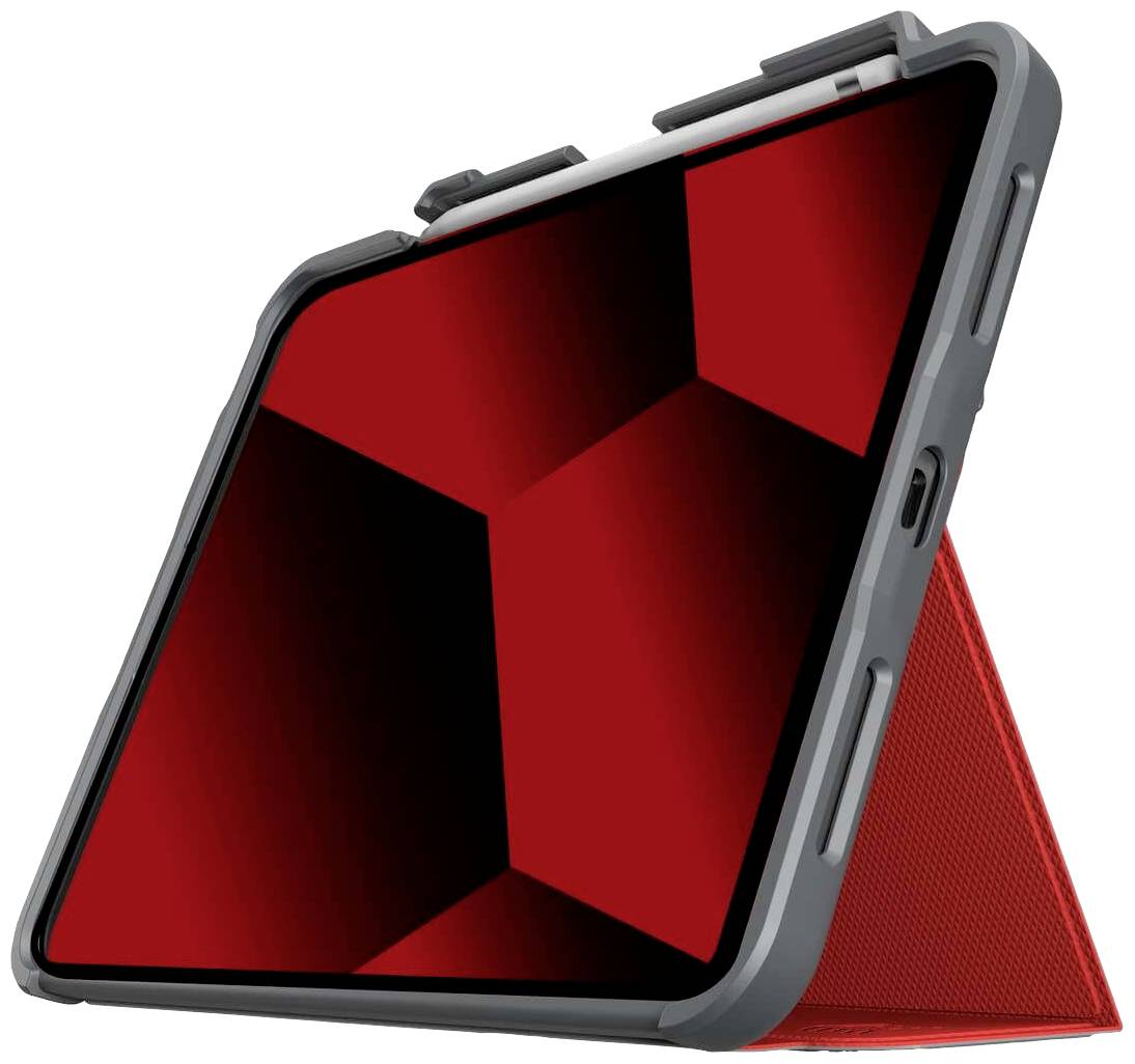 Tablet v ochrannom obale stojí vzpriamene, zobrazené z bočnej strany. Na obrazovke je červený geometrický vzor.
