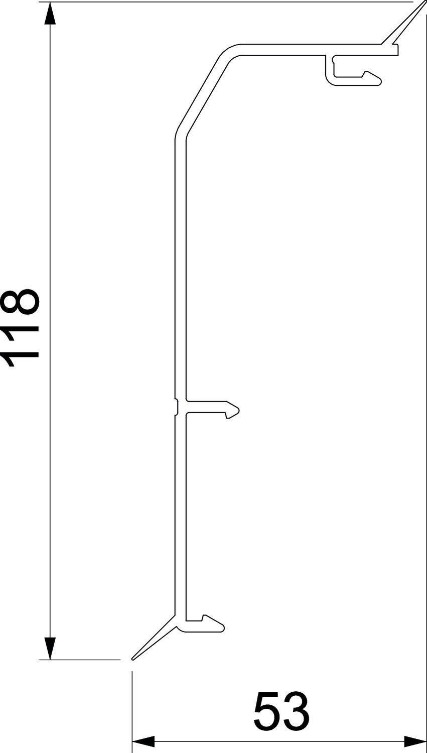 Bočný pohľad na technický profil s rozmermi 118 mm výšky a 53 mm šírky.