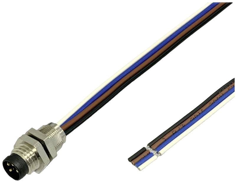 Priemyselné káblové konektory s tromi farebnými vodičmi: čierny, hnedý, modrý. Používané v elektrických alebo elektronických systémoch.