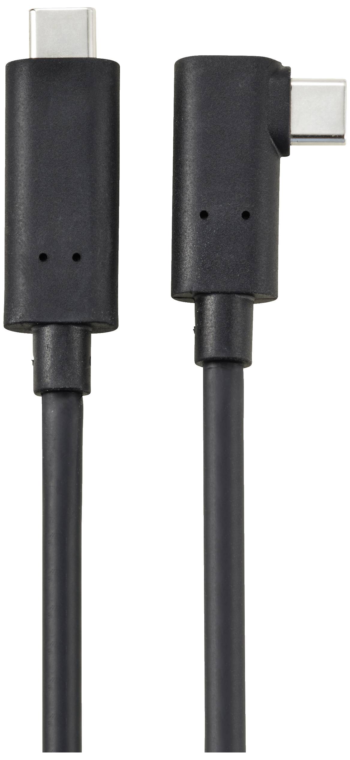 Dva čierne USB-C konektory s káblami; ľavý konektor je priamy, pravý je zahnutý v uhle 90 stupňov.