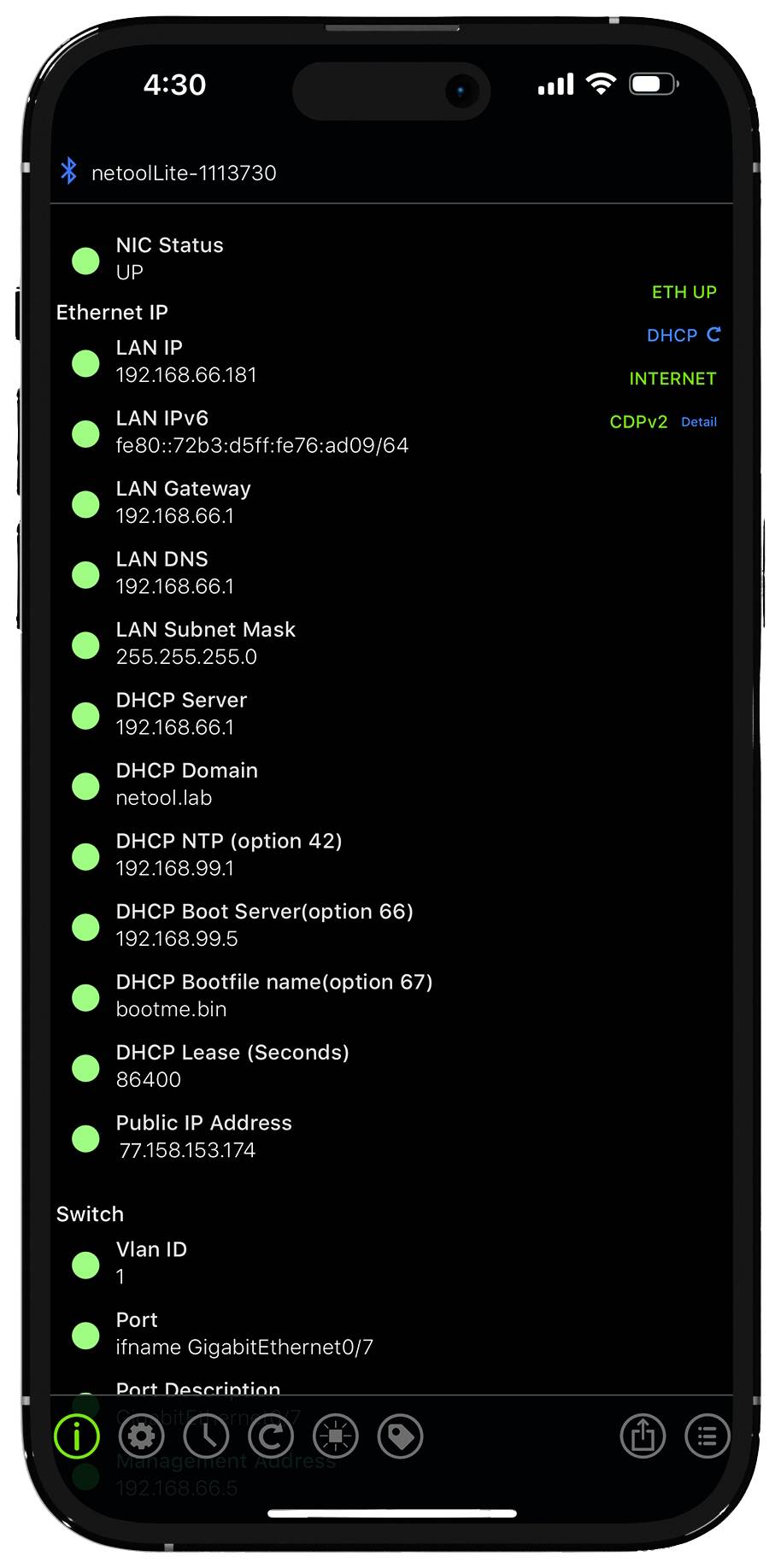 Na smartfónovej obrazovke 'NetoolLite-1113730' zobrazuje stav siete vrátane IP adries, sieťovej masky a detailov DHCP.