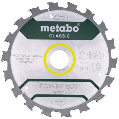 Kotúč pílový s nápisom 'Metabo Classic Power Cut Wood'. Na drevo, priemer 190 mm, 18 zubov.
