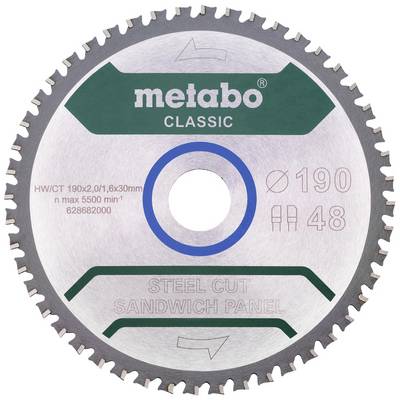 „Pílový list s nápisom „metabo CLASSIC". Nižšie detaily: HW/CT, 190x2,0/1,6x30mm, 48 zubov, max 5500 min⁻¹. Vhodný pre sendvičové panely."