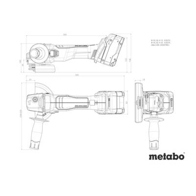 Výkresový náčrt bezdrôtovej uhlové brúsky s rozmermi. Pohľad zboku a zhora s logom Metabo v pravom dolnom rohu.