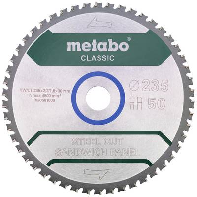 Kotúč pílový s nápisom 'metabo CLASSIC' a špecifikáciami: ø235 mm, 50 zubov, vhodný pre oceľové sendvičové dosky.
