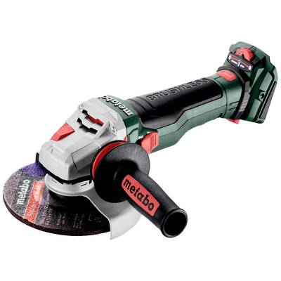 Akumulátorová uhlová brúska s ergonomickou rukoväťou, brúsnym kotúčom a logom Metabo, vhodná pre stavebné a domáce práce.