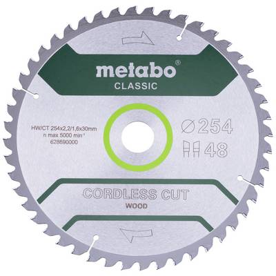 Strieborný pílový kotúč značky 'metabo CLASSIC', priemer 254 mm, na bezdrôtové rezy dreva, max. 5000 ot./min.