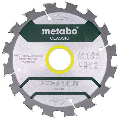 Kotúč na pílu z kovu s nápisom 'metabo CLASSIC', priemer 165 mm, 16 zubov, vhodný na drevo.