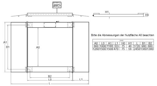 Technický rozmerový diagram obdĺžnikového rámu alebo platformy s označenými rozmermi A0, A1, B1, B2, L0, L1, L, H0 a H1, s tabuľkou veľkostí s názvom "Prosím venuujte pozornosť rozmerom použitnej plochy A0".