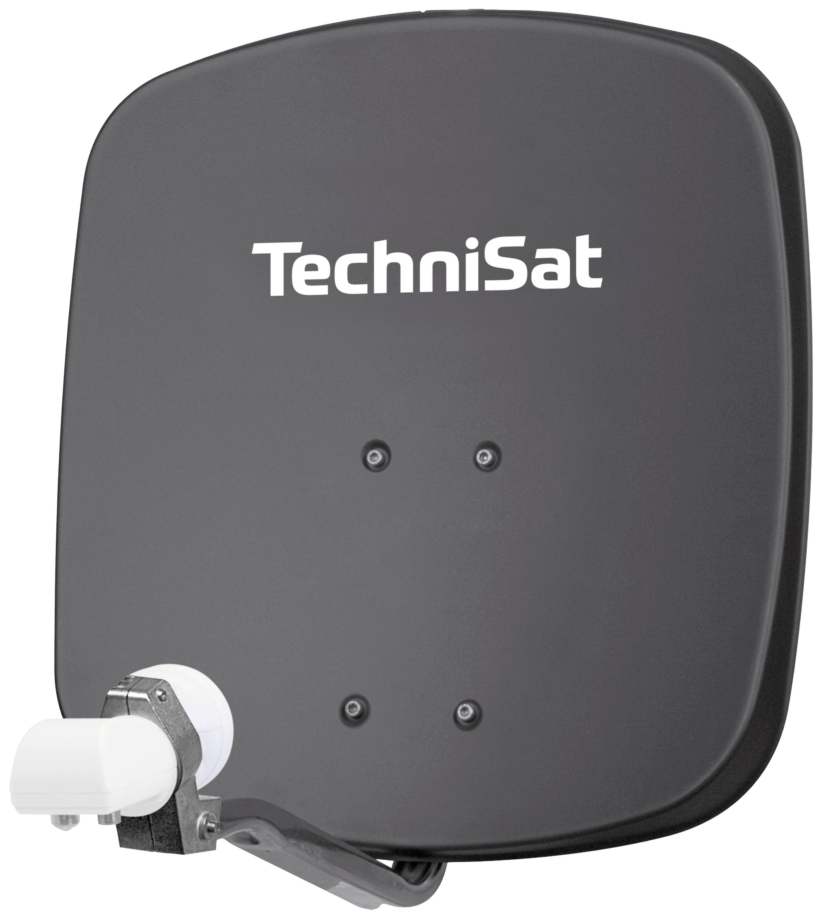 Technická satelitná parabola s logom 'TechniSat', sivým povrchom a bielym LNB vpredu.