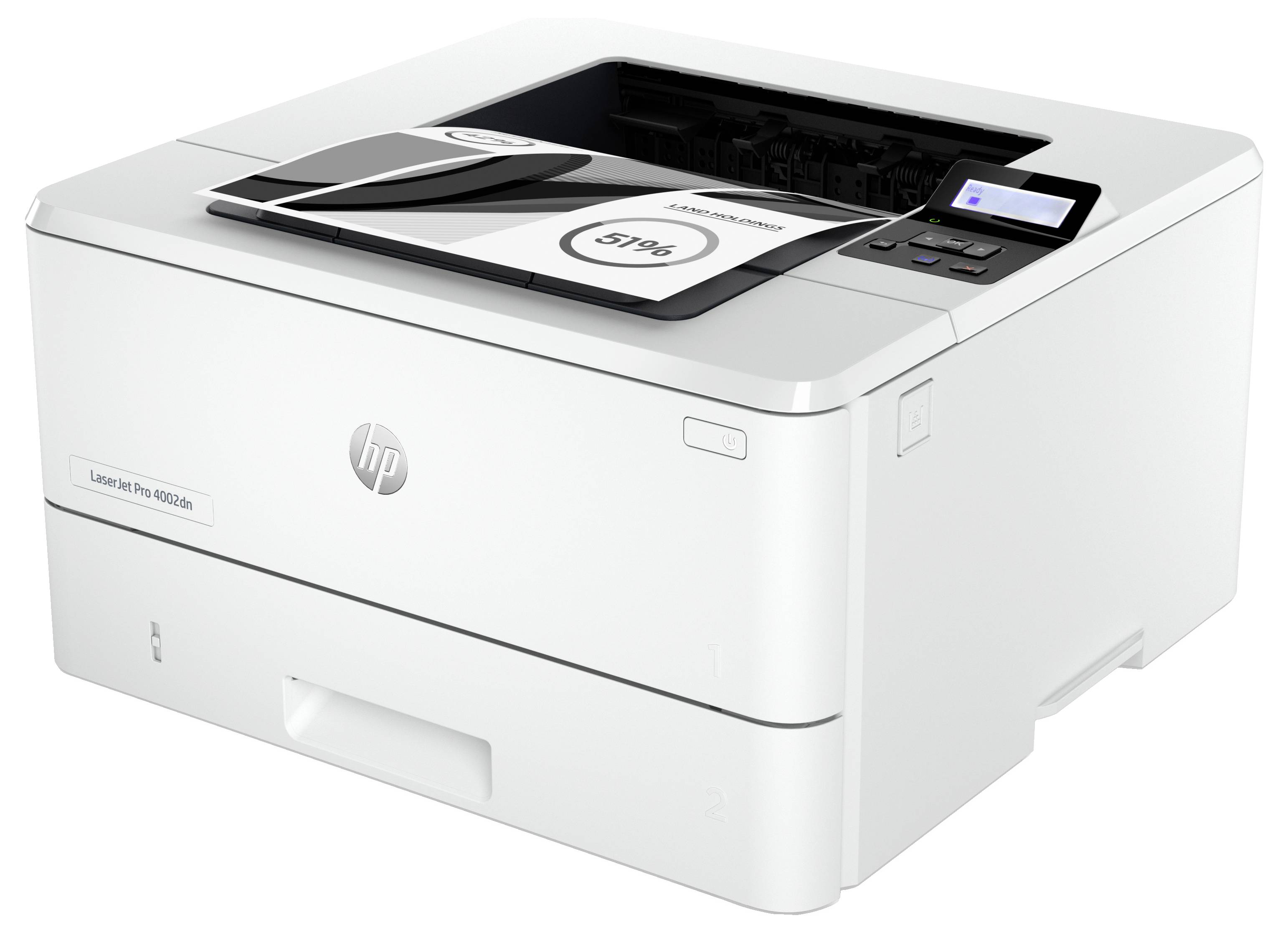 Biela tlačiareň HP LaserJet Pro s otvorenou papiernickou, malý ovládací panel a displej viditeľný na pravej strane vrchu.